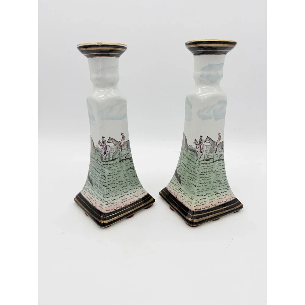 Vintage Chinese Equestrian Hand-Painted Porcelain Candle Holder by Nieman Marcus
